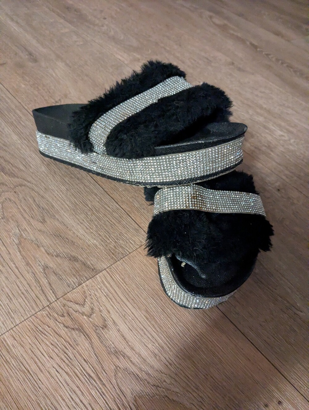 Women's Black Faux Fur Slide Sandals with Sparkling Rhinestone Platform